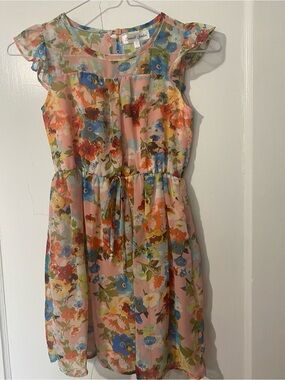 Emerald Sundae Pink Floral Chiffon Girls' Dress with Blue & Orange Blooms
